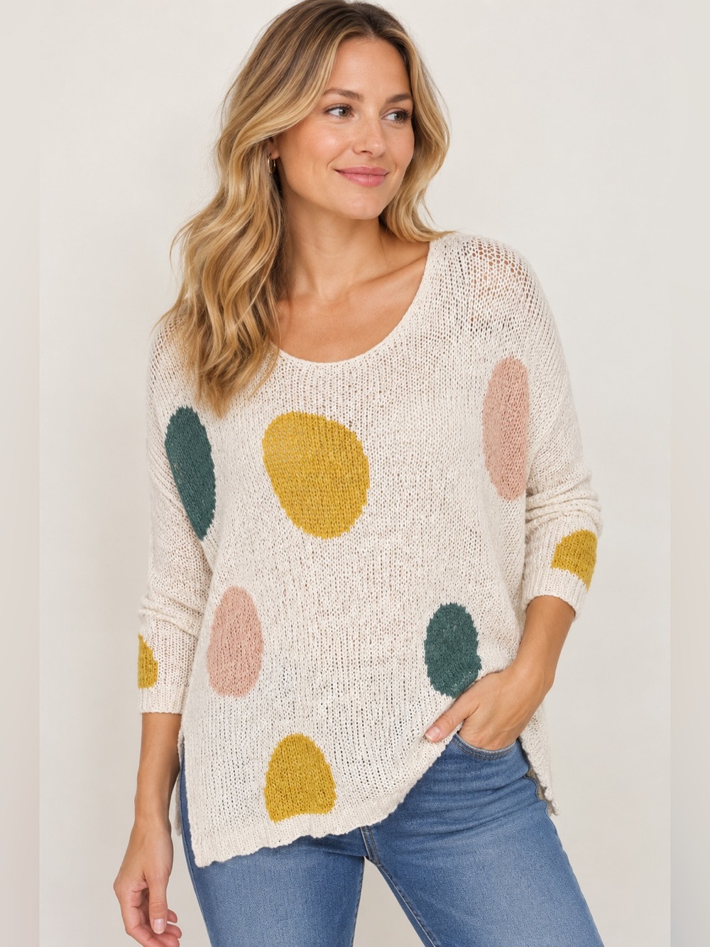 Blue Bird Cream Crewneck Sweater with Mustard, Teal & Blush Polka Dots